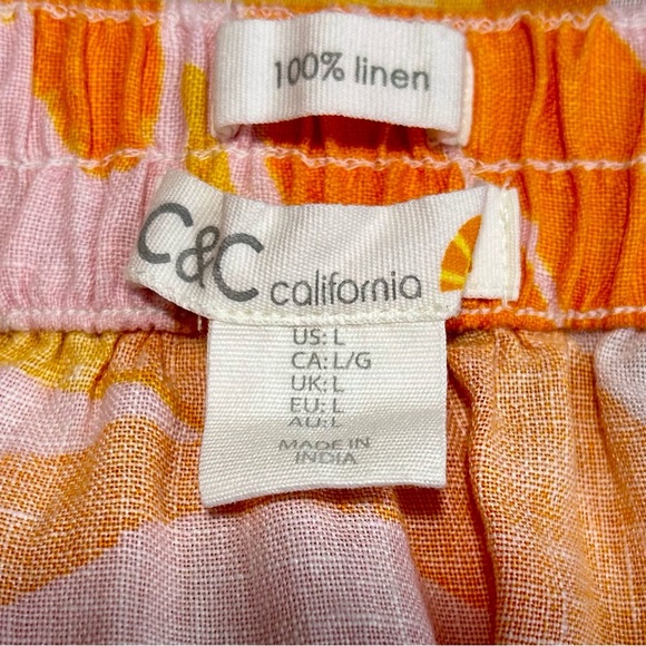 C&C California 100% Linen Tropical Print Faux Wrap Ruffle Midi Skirt Pockets L - Picture 2 of 6